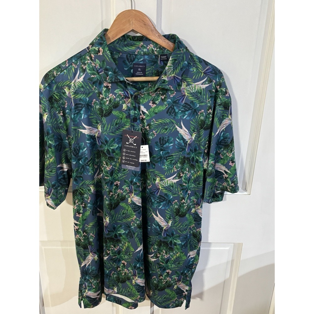 CONSTRUCT Golf Polo Shirt Men's XL Print All Over Floral Birds Quick Dry NEW‎